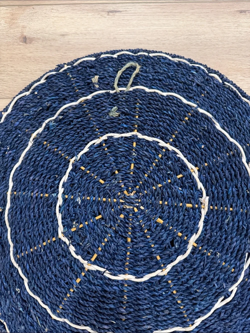 Handwoven Navy and White Round Seagrass Accent Wall Hanging.